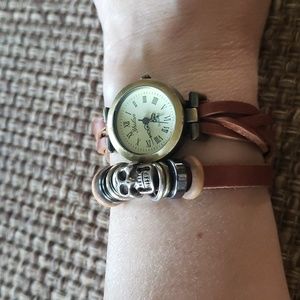 Yulan Wrap Twisted Leather Bracelet Watch with Skull Bead